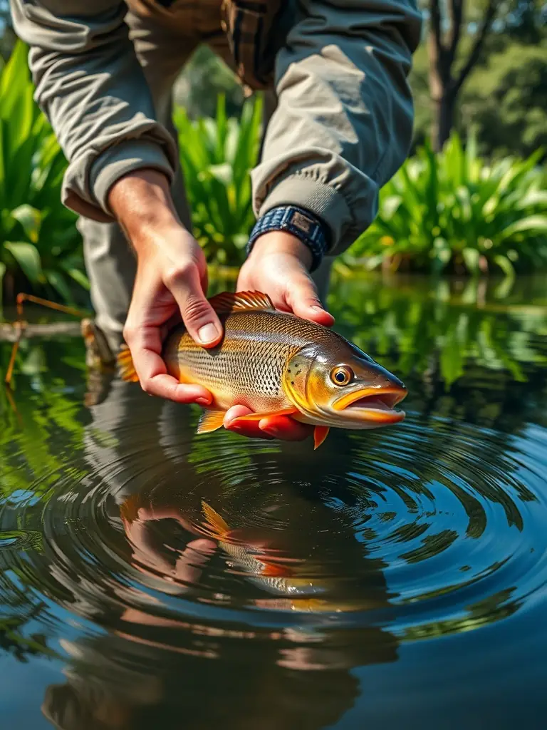 A close-up shot of someone releasing a fish back into the water, emphasizing responsible fishing practices.