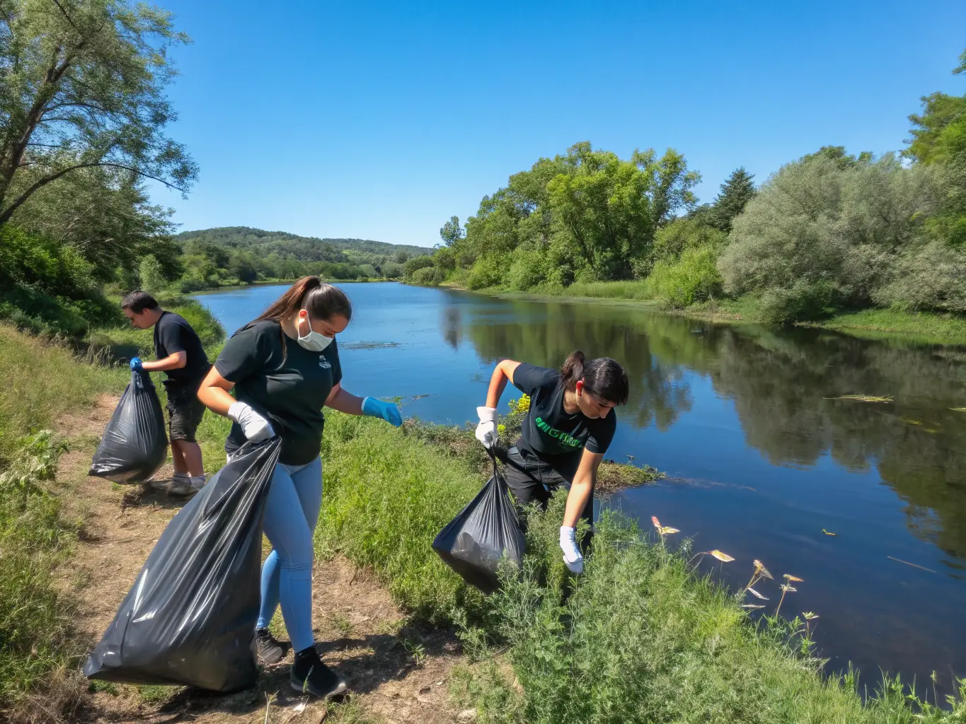 A group of AURIGIE PECHE members participating in a pond cleanup activity, wearing gloves and collecting trash around the water's edge, showcasing their commitment to environmental stewardship.