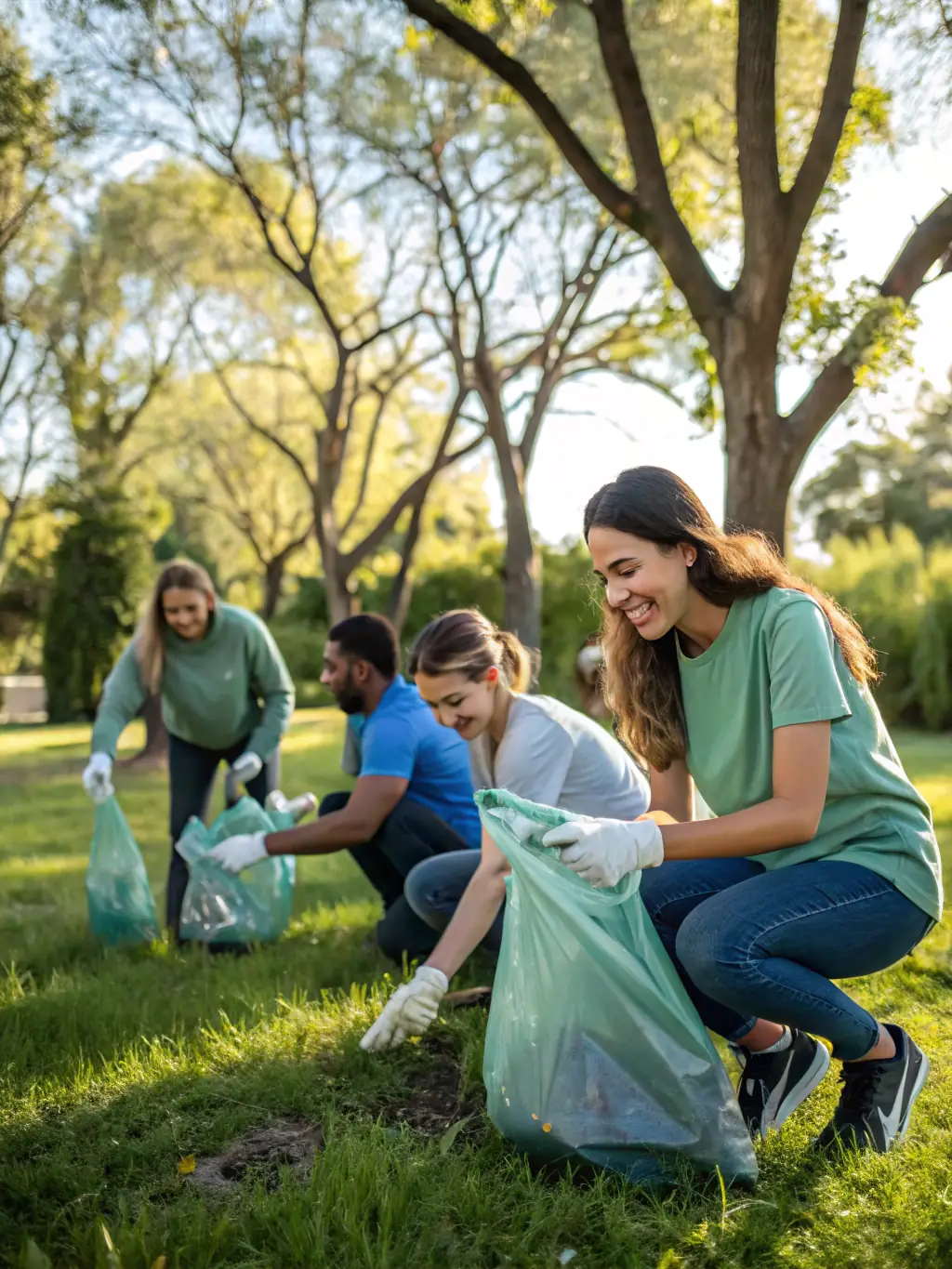 A picture of people cleaning up the area around the pond, picking up trash and maintaining the natural environment, showcasing environmental preservation.