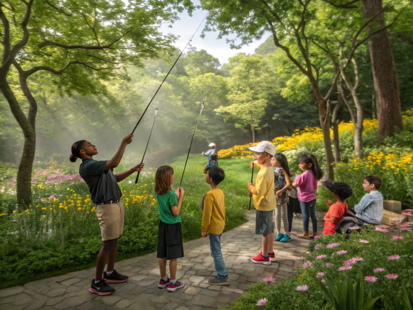 A group of children participating in a fishing workshop by the pond, learning about different fish species and sustainable fishing techniques, with instructors demonstrating proper handling and release methods.