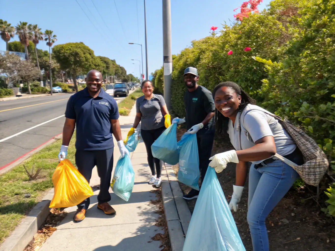 Volunteers cleaning up the area around the pond, collecting litter and debris to maintain a clean and healthy environment.