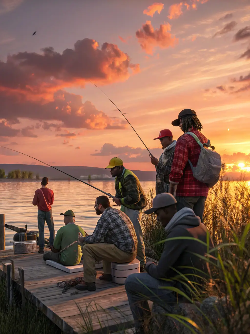 A diverse group of people fishing together, highlighting the inclusive nature of the community fishing programs.