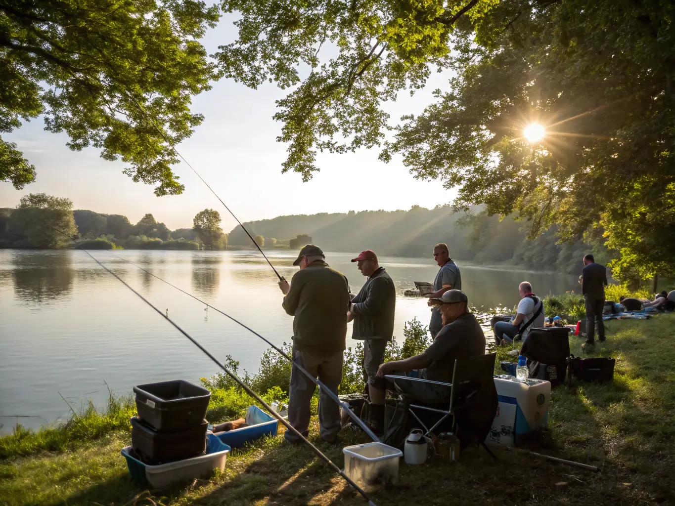 A serene image of anglers peacefully fishing on the pond, showcasing the community aspect and the enjoyment of the activity, with a focus on responsible fishing practices.
