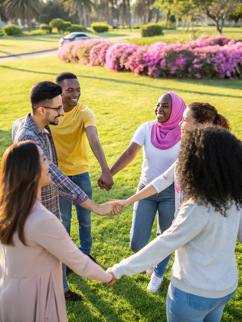 A diverse group of people of different ages and backgrounds standing together near the pond, symbolizing the inclusive community of AURIGIE PECHE.