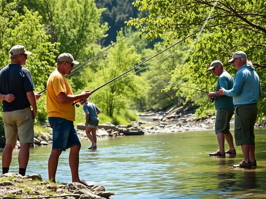 A diverse group of community members gathered for a fishing event, enjoying the outdoors and connecting with nature.