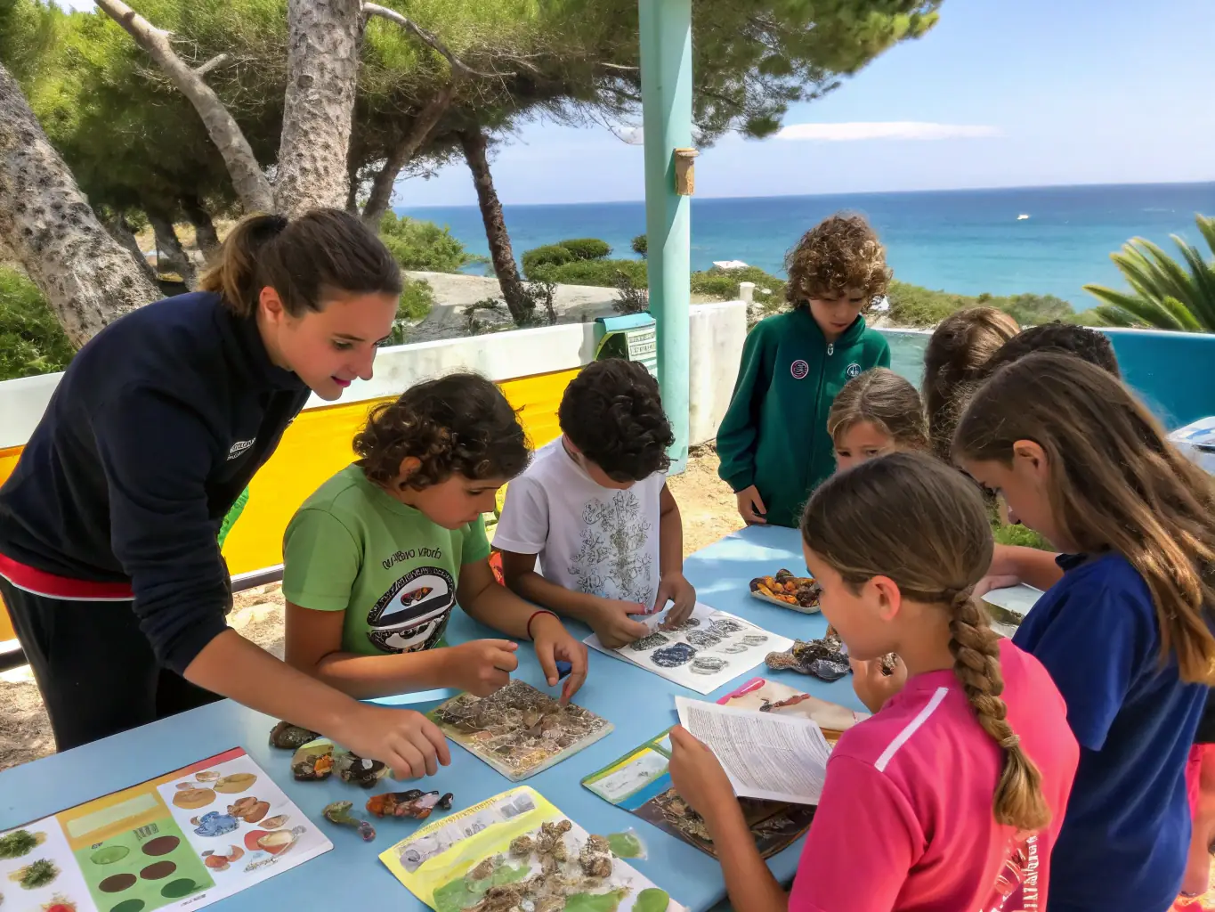 A photograph of a diverse group of people, including children and adults, learning about different fish species and their habitats during an AURIGIE PECHE educational workshop.