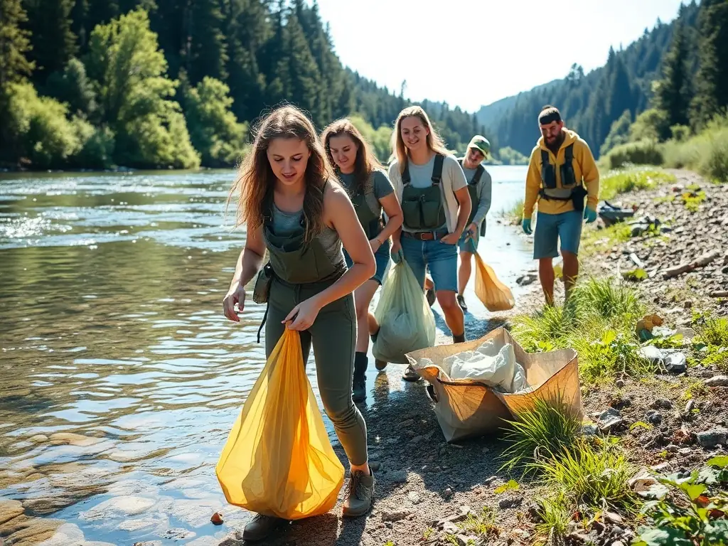 A photo of volunteers cleaning up the area around the pond, collecting litter and debris, with a focus on the positive impact of their efforts on the environment.