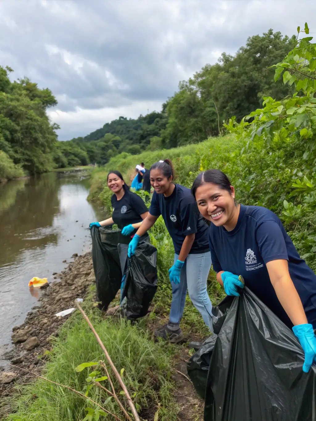Volunteers cleaning up the area around the pond, showcasing the organization's commitment to environmental stewardship.