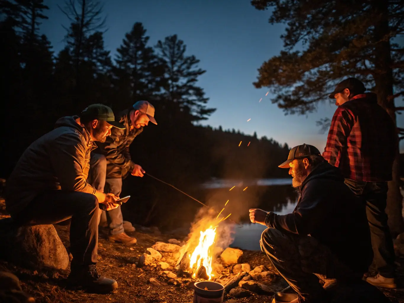 A heartwarming image of AURIGIE PECHE members of all ages laughing and sharing stories around a campfire after a day of fishing, emphasizing the sense of community and camaraderie.